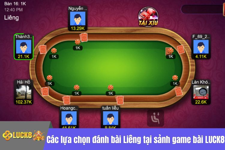 Các lựa chọn đánh bài Liêng có tại sảnh game bài LUCK8